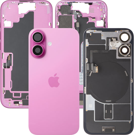 Apple iPhone 16 akkufedél, középső házzal, teljes alkatrészek, rózsaszín, prémium csere