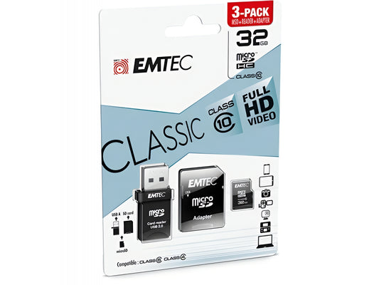 Emtec C10 Classic microSDHC memóriakártya, 32Gb, 10. osztály, kártyaolvasóval és adapterrel ECMSDM32GHC10CGRA2