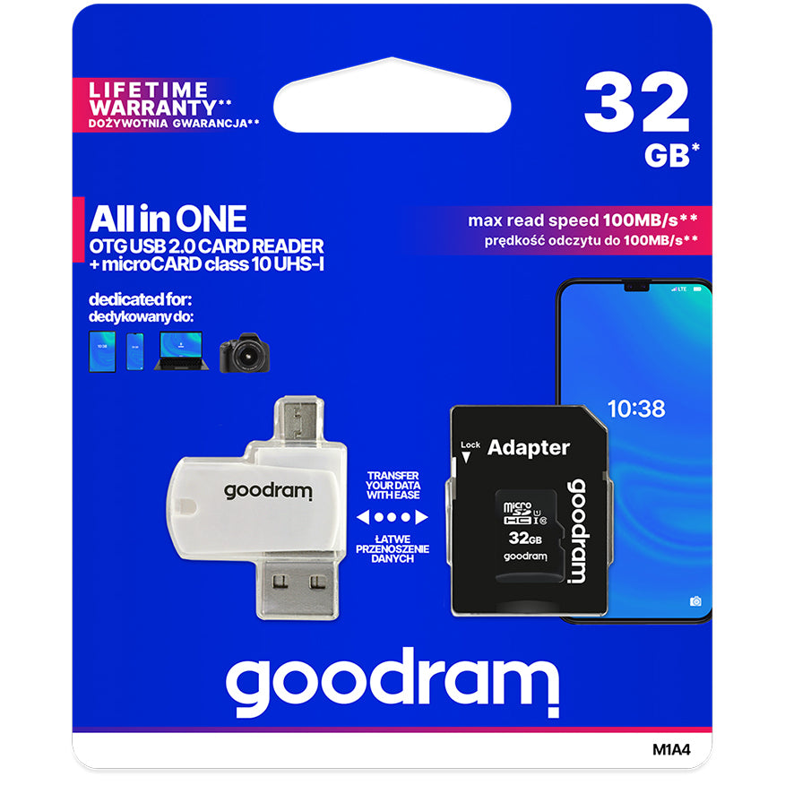 GoodRam microSDHC memóriakártya, 32GB, 10-es osztály / UHS-1 U1, kártyaolvasóval és adapterrel M1A4-0320R12