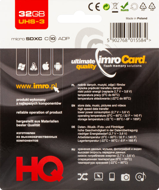 Imro microSDHC memóriakártya, 32Gb, 10. osztály / UHS-1 U3, adapterrel