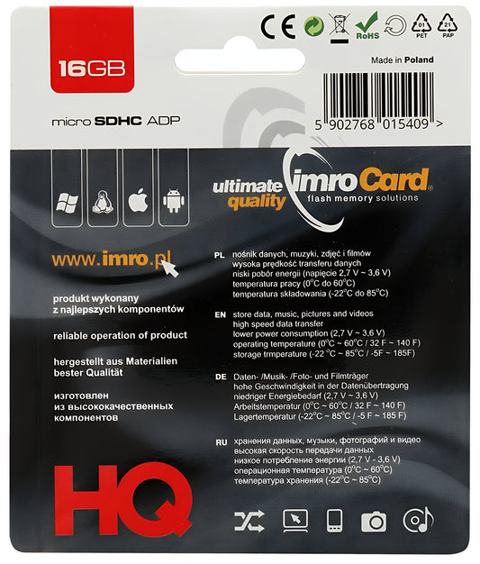 Imro microSDHC memóriakártya, 16Gb, 4. osztály, adapterrel