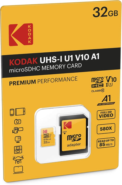 Kodak Premium Performance microSDHC memóriakártya, 32Gb, 10. osztály / UHS-1 U1, EKMSDM32GHC10K adapterrel