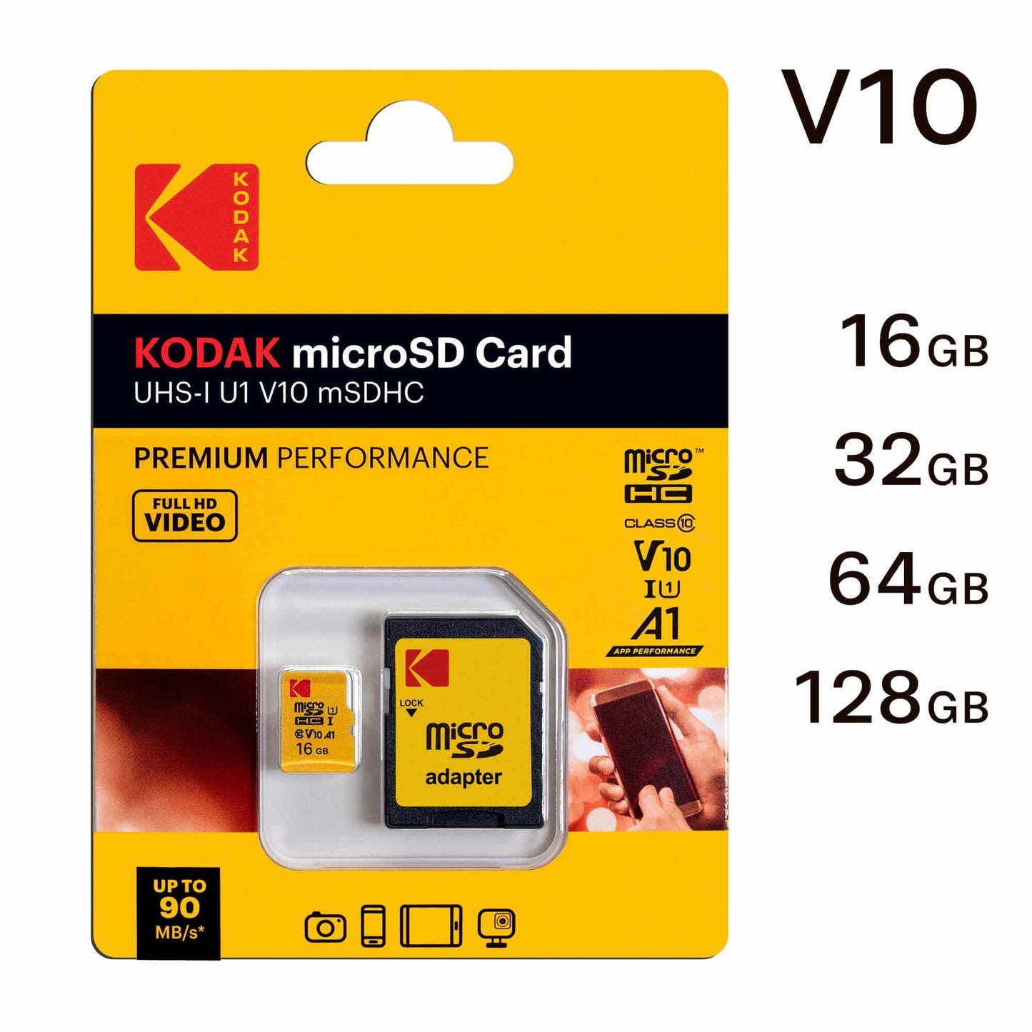 Kodak Premium Performance microSDHC memóriakártya, 16Gb, 10. osztály / UHS-1 U1, EKMSDM16GHC10K adapterrel
