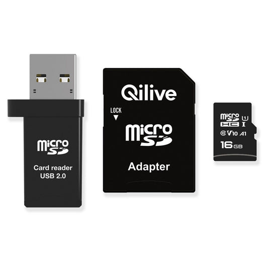 Qilive microSDHC memóriakártya, 16GB, 10-es osztály, kártyaolvasóval és adapterrel EKMSDM16GHC10QL