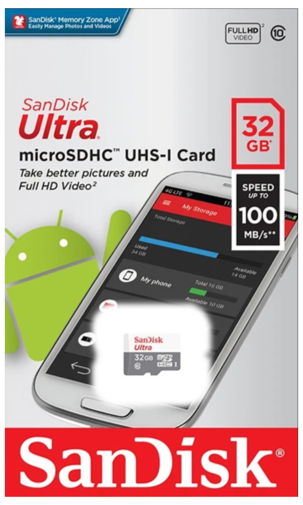 SanDisk Ultra microSDHC memóriakártya, 32Gb, 10-es osztály SDSQUNR-032G-GN3MN