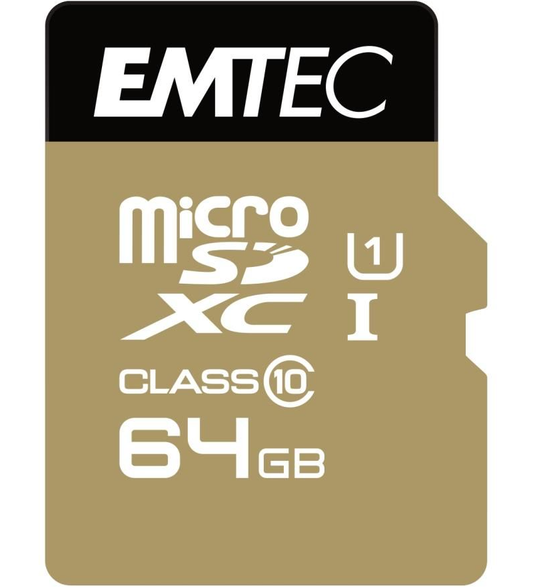 Emtec Gold+ microSDXC Memóriakártya, 64Gb, 10. osztály / UHS-1 U1, Adapterrel ECMSDM64GXC10GP