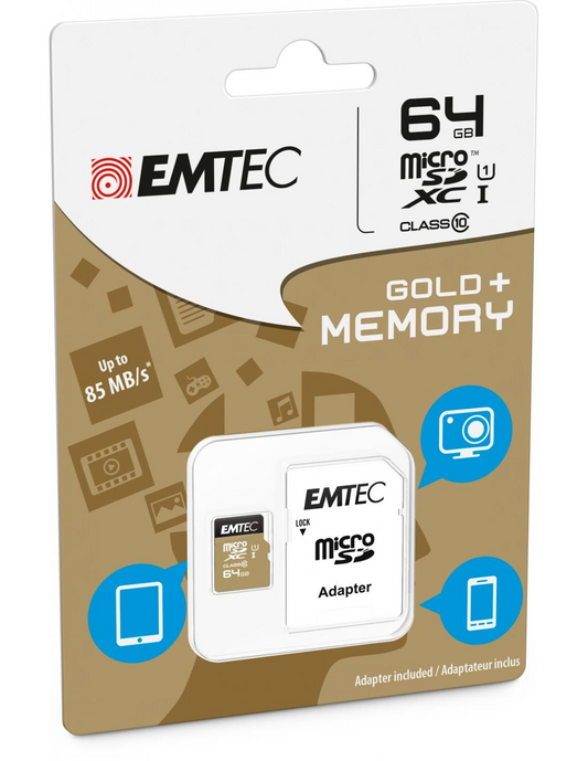 Emtec Gold+ microSDXC Memóriakártya, 64Gb, 10. osztály / UHS-1 U1, Adapterrel ECMSDM64GXC10GP