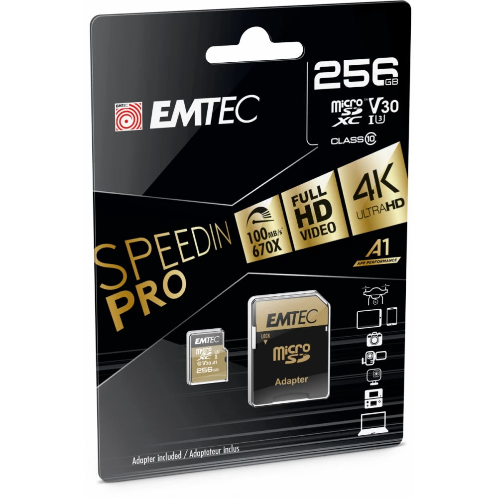 Emtec Speedin Pro Android A1 microSDXC memóriakártya, 256Gb, 10. osztály / UHS-1 U3, adapterrel ECMSDM256GXC10SP