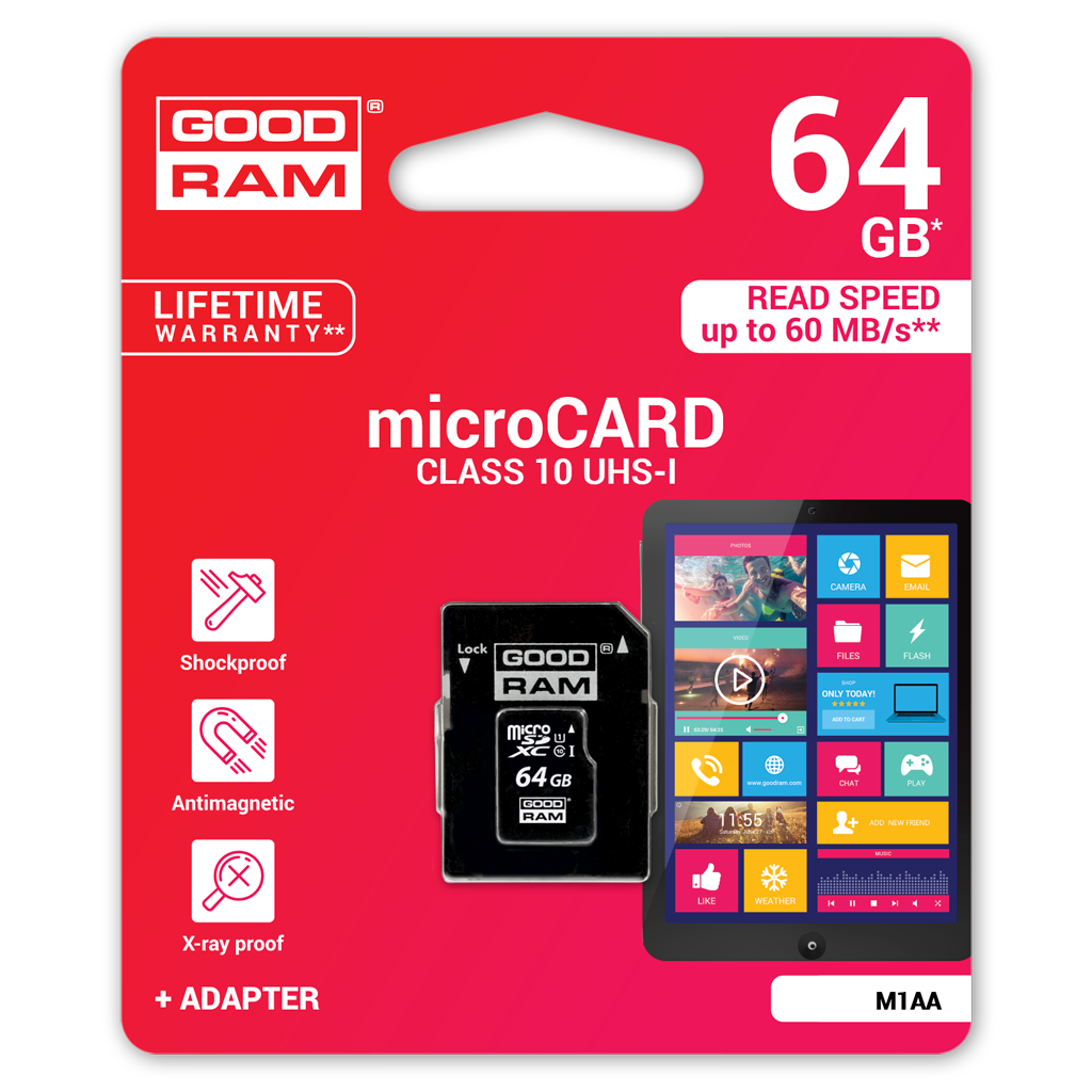 GoodRam microSDXC memóriakártya, 64GB, Class 10 / UHS-1 U1, adapterrel M1AA-0640R12