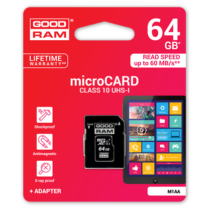 GoodRam microSDXC memóriakártya, 64GB, Class 10 / UHS-1 U1, adapterrel M1AA-0640R12