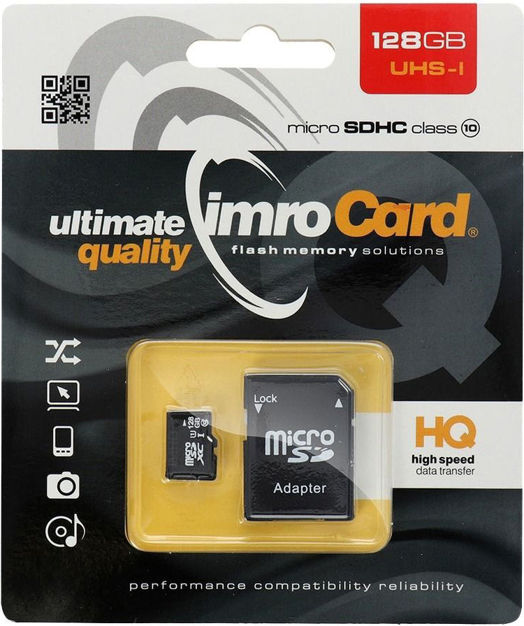 Imro microSDXC memóriakártya, 128Gb, 10. osztály / UHS-1 U1, adapterrel