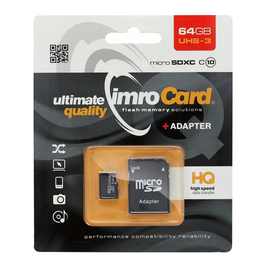 Imro microSDXC Memóriakártya, 64Gb, 10-es osztály / UHS-1 U3, Adapterrel