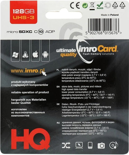 Imro microSDXC memóriakártya, 128Gb, 10. osztály / UHS-1 U3, adapterrel