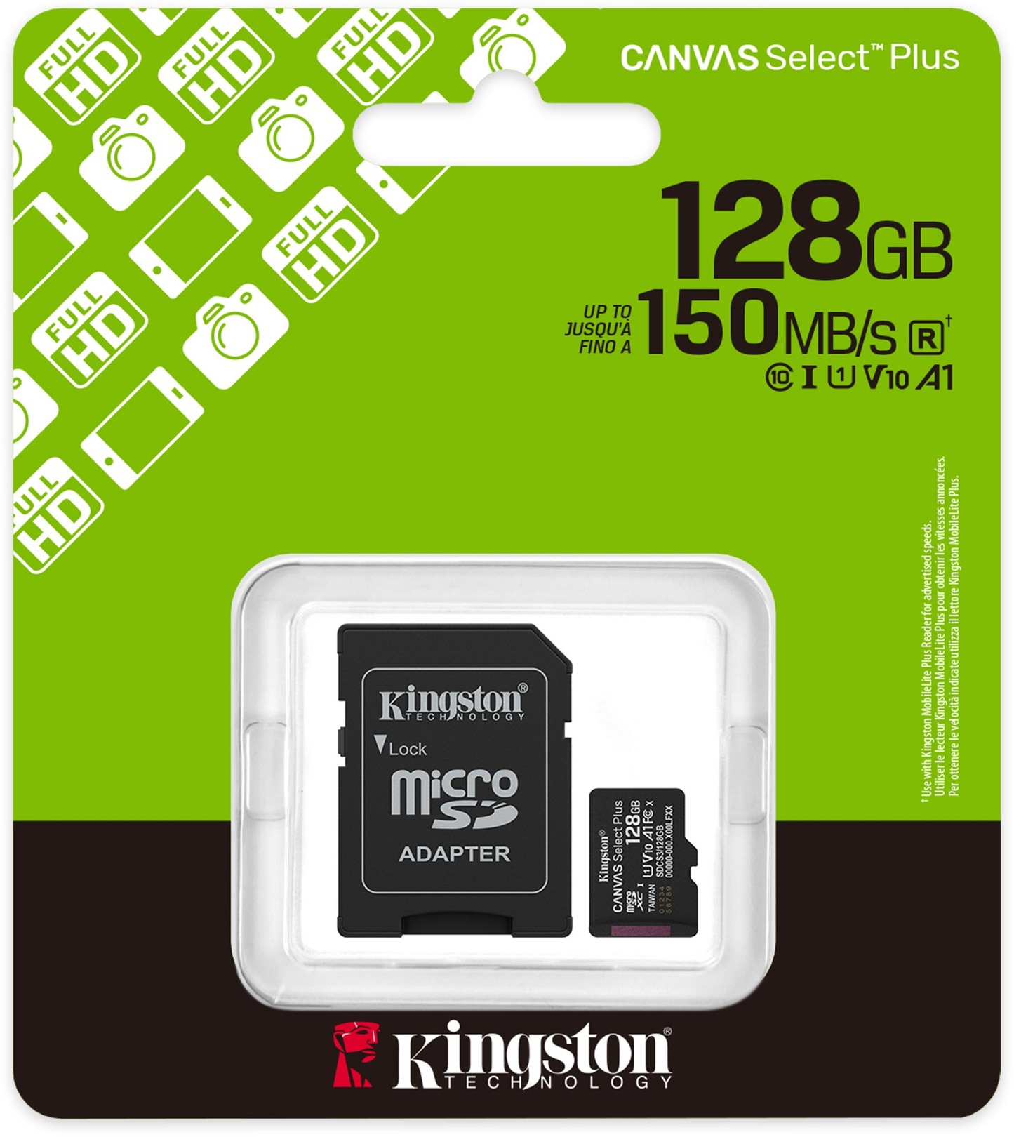 Kingston Canvas Select Plus Android A1 microSDXC memóriakártya, 128Gb, 10. osztály / UHS-1 U1, adapterrel SDCS3/128GB