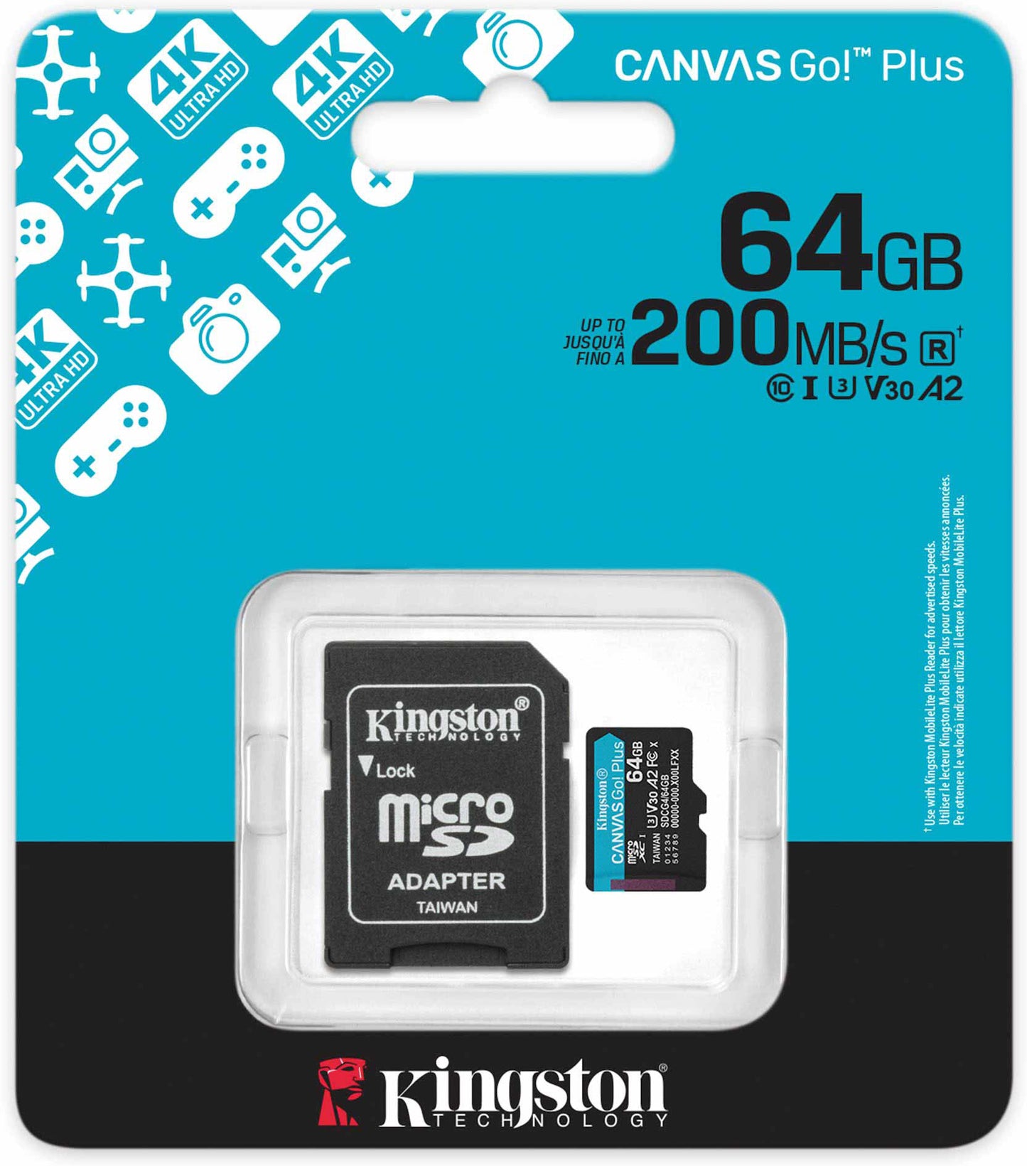 Kingston Canvas Go Plus Android A2 microSDXC memóriakártya, 64Gb, 10. osztály / UHS-1 U3, SDCG4/64GB adapterrel