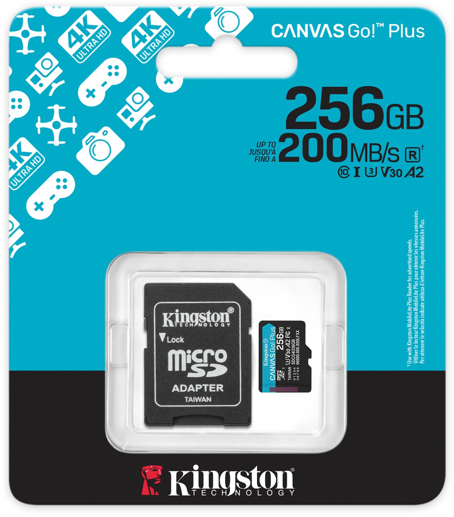 Kingston Canvas Go Plus Android A2 microSDXC memóriakártya, 256Gb, 10. osztály / UHS-1 U3, adapterrel SDCG4/256GB
