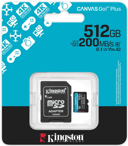 Kingston Canvas Go Plus Android A2 microSDXC memóriakártya, 512Gb, 10. osztály / UHS-1 U3, SD adapterrel SDCG4/512GB