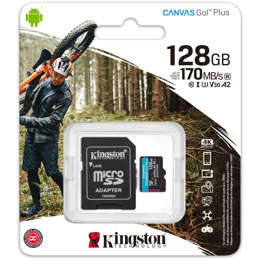 Memóriakártya microSDXC Kingston Canvas Go Plus, 128Gb, Class 10 / UHS-1 U3, Adapterrel SDCG3/128GB