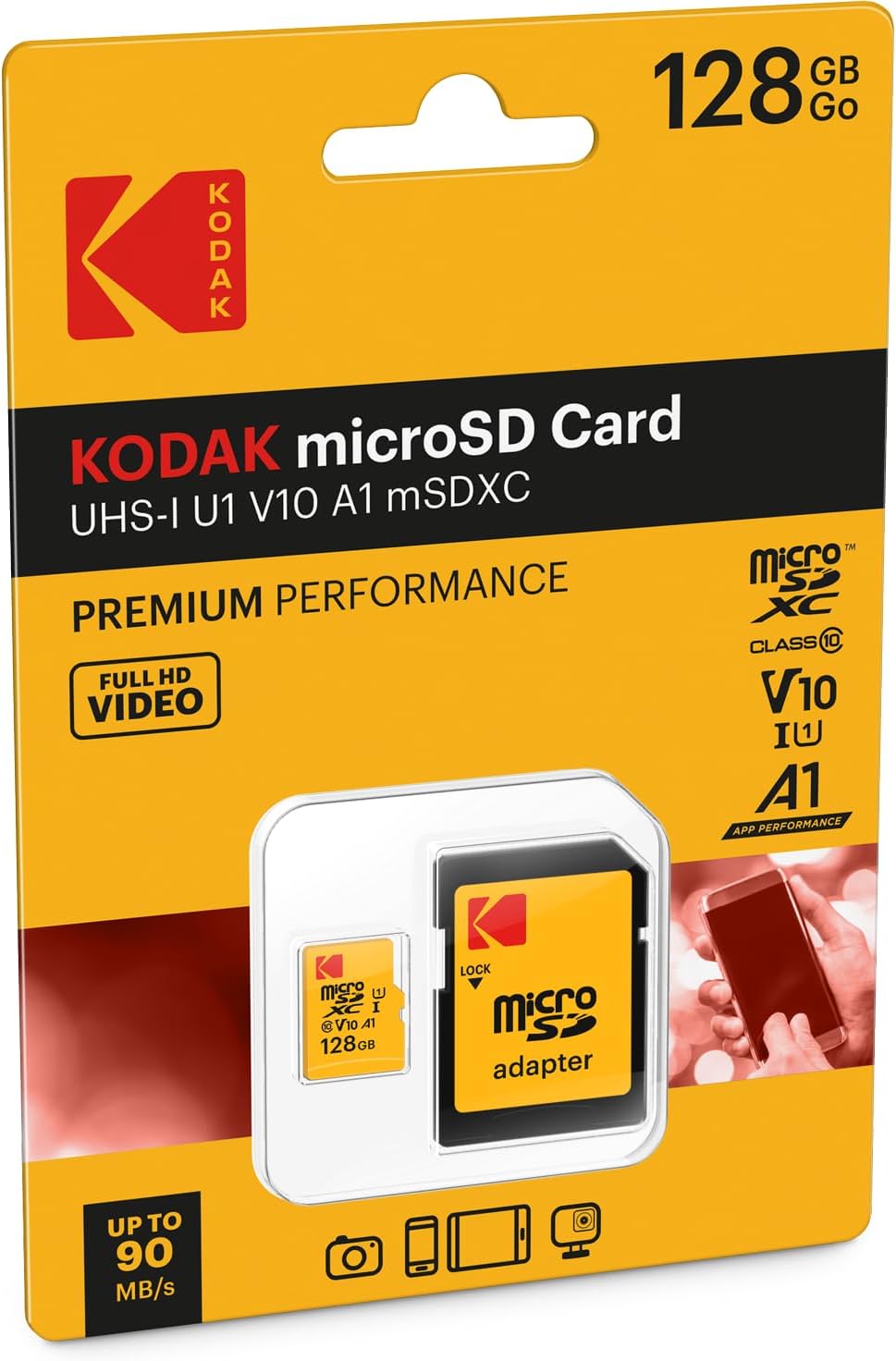 Kodak Premium Performance microSDXC memóriakártya, 128Gb, 10. osztály / UHS-1 U1, Adapterrel EKMSDM128GXC10K