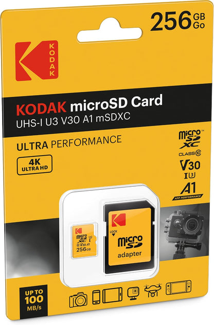 Kodak microSDXC Memory Card, 256GB, Class 10 / UHS-1 U3, With Adapter EKMSDM256GXC10HPRK