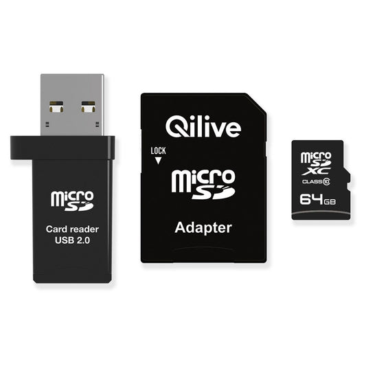 Qilive microSDXC Memóriakártya, 64Gb, 10. osztály, Kártyaolvasóval és Adapterrel EKMSDM64GXC10QL