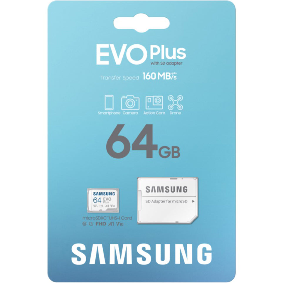 Samsung Evo Plus microSDXC memóriakártya, 64Gb, 10. osztály / UHS-1 U1, Adapterrel MB-MC64SA/EU