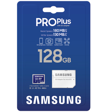 Samsung PRO Plus microSDXC memóriakártya, 128Gb, 10. osztály / UHS-1 U3, adapterrel MB-MD128SA/EU