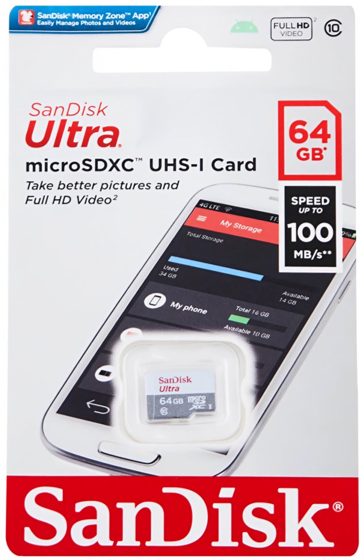 SanDisk Ultra microSDXC memóriakártya, 64Gb, 10-es osztály SDSQUNR-064G-GN3MN