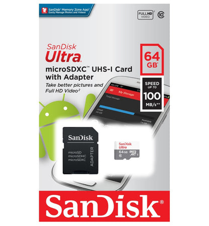 SanDisk Ultra microSDXC memóriakártya, 64Gb, 10-es osztály, adapterrel SDSQUNR-064G-GN6TA