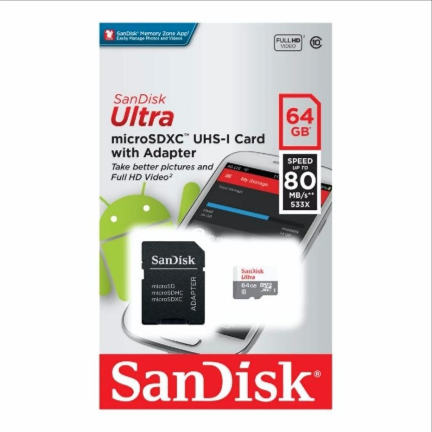 SanDisk Ultra microSDXC memóriakártya, 64Gb, 10-es osztály, adapterrel SDSQUNR-064G-GN3MA