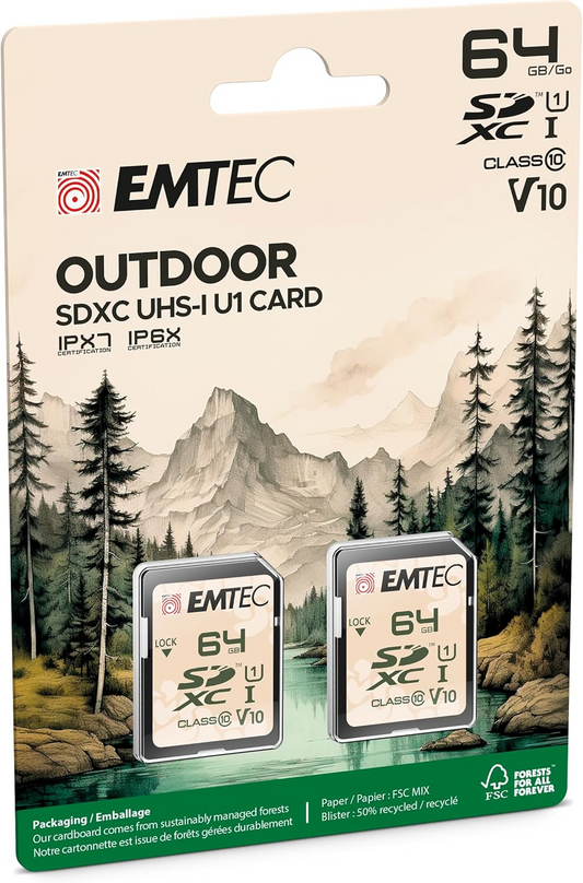 Emtec Rugged Outdoor SDXC Memóriakártya, 64GB, 10-es osztály / UHS-1 U1, 2 darabos készlet ECMSD64GXCU1ORP2