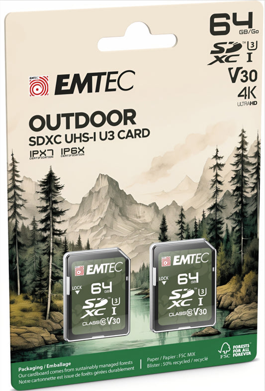 Emtec Rugged Outdoor SDXC memóriakártya, 64GB, 10-es osztály / UHS-1 U3, 2 darabos készlet ECMSD64GXCU3ORP