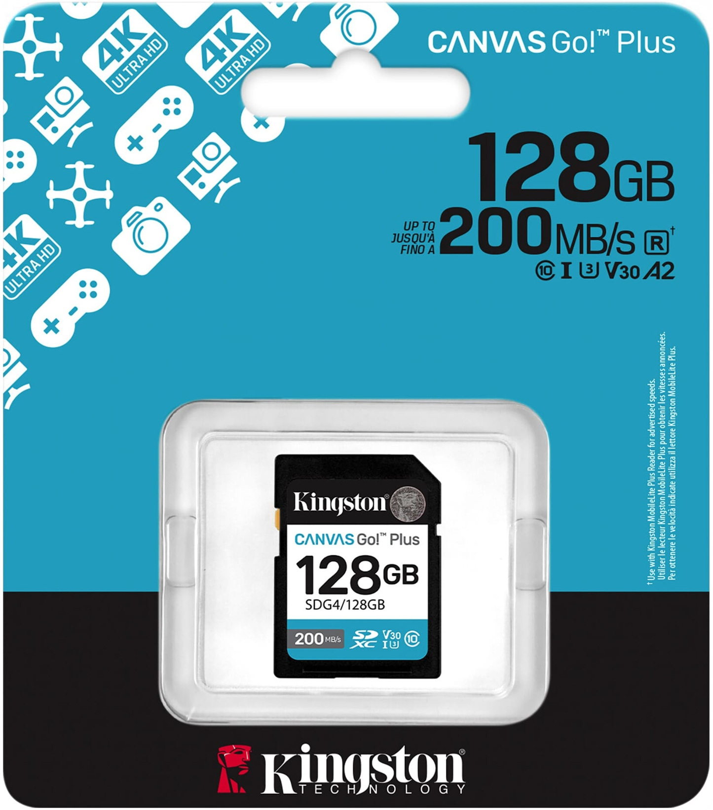 Kingston Canvas Go Plus SDXC Memory Card, 128GB, Class 10 / UHS-1 U3 SDG4/128GB