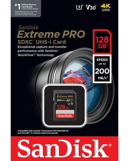 SanDisk Extreme Pro SDXC Memóriakártya, 128Gb, 10-es osztály / UHS-1 U3 SDSDXXD-128G-GN4IN