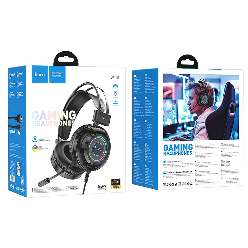 3,5 mm-es HOCO W110 Gaming fejhallgató, RGB, Fekete