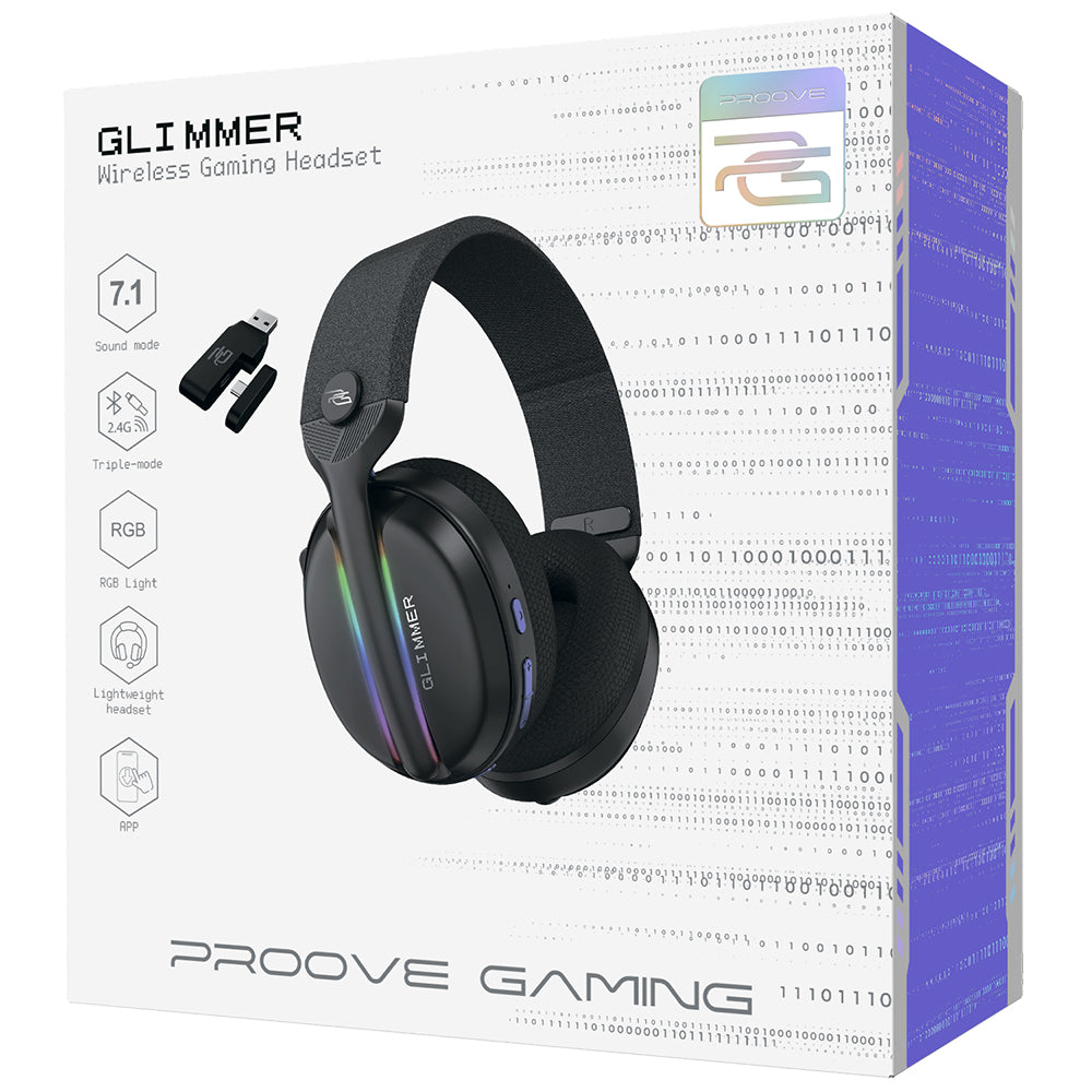 Proove Glimmer vezeték nélküli gaming fejhallgató, RGB, BT / Wi-Fi / Vezetékes, Fekete WHGL00022001