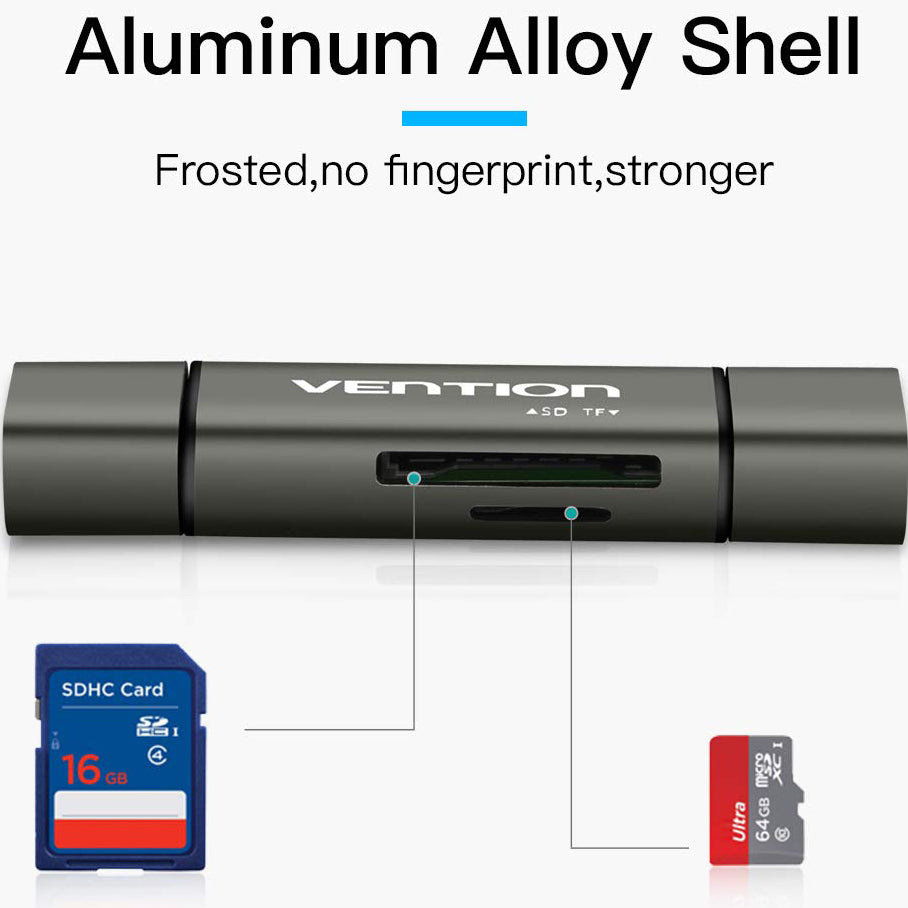 USB / USB-C / microUSB kártyaolvasó Vention, SD - microSD, Szürke CCJH0