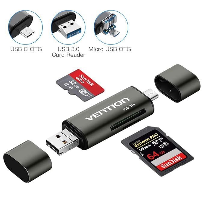 USB / USB-C / microUSB kártyaolvasó Vention, SD - microSD, Szürke CCJH0