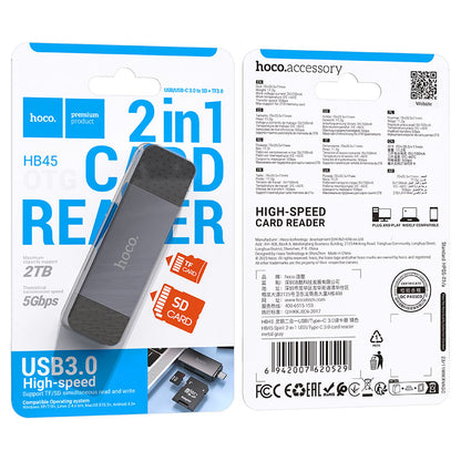 USB 3.0 / USB-C HOCO HB45 kártyaolvasó, SD - microSD, Szürke