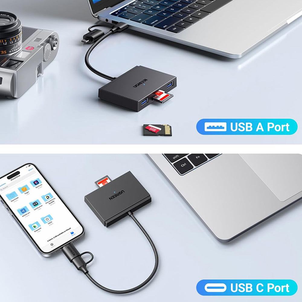 USB / USB-C UGREEN CM812 (45167) kártyaolvasó, SD - microSD - 2 x USB-A, Fekete