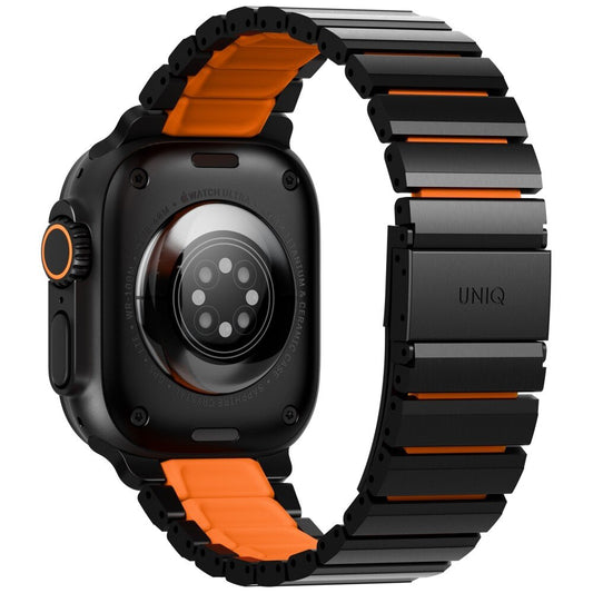 UNIQ Strova Flex szíj Apple Watch 49mm / 46mm / 45mm / 44mm / 42mm sorozathoz, Fekete Narancssárga