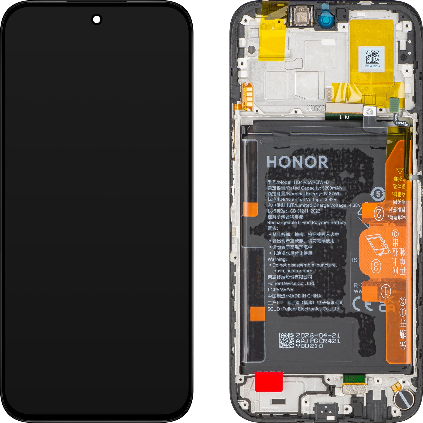 Honor X6c érintőképernyős kijelző, kerettel és akkumulátorral, fekete (Midnight Black), Service Pack 0235APGS