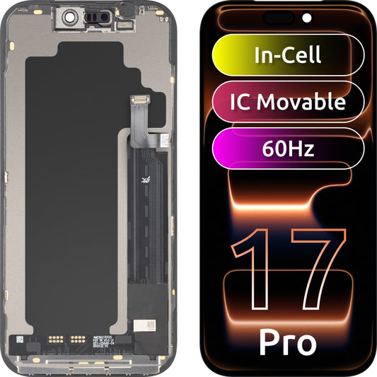 JK érintőképernyős kijelző Apple iPhone 17 Pro-hoz, kerettel, LCD In-Cell IC mozgatható verzió, fekete