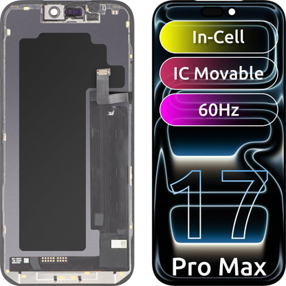 JK érintőképernyős kijelző Apple iPhone 17 Pro Max-hoz, kerettel, LCD In-Cell IC mozgatható verzió, fekete