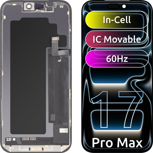 JK érintőképernyős kijelző Apple iPhone 17 Pro Max-hoz, kerettel, LCD In-Cell IC mozgatható verzió, fekete