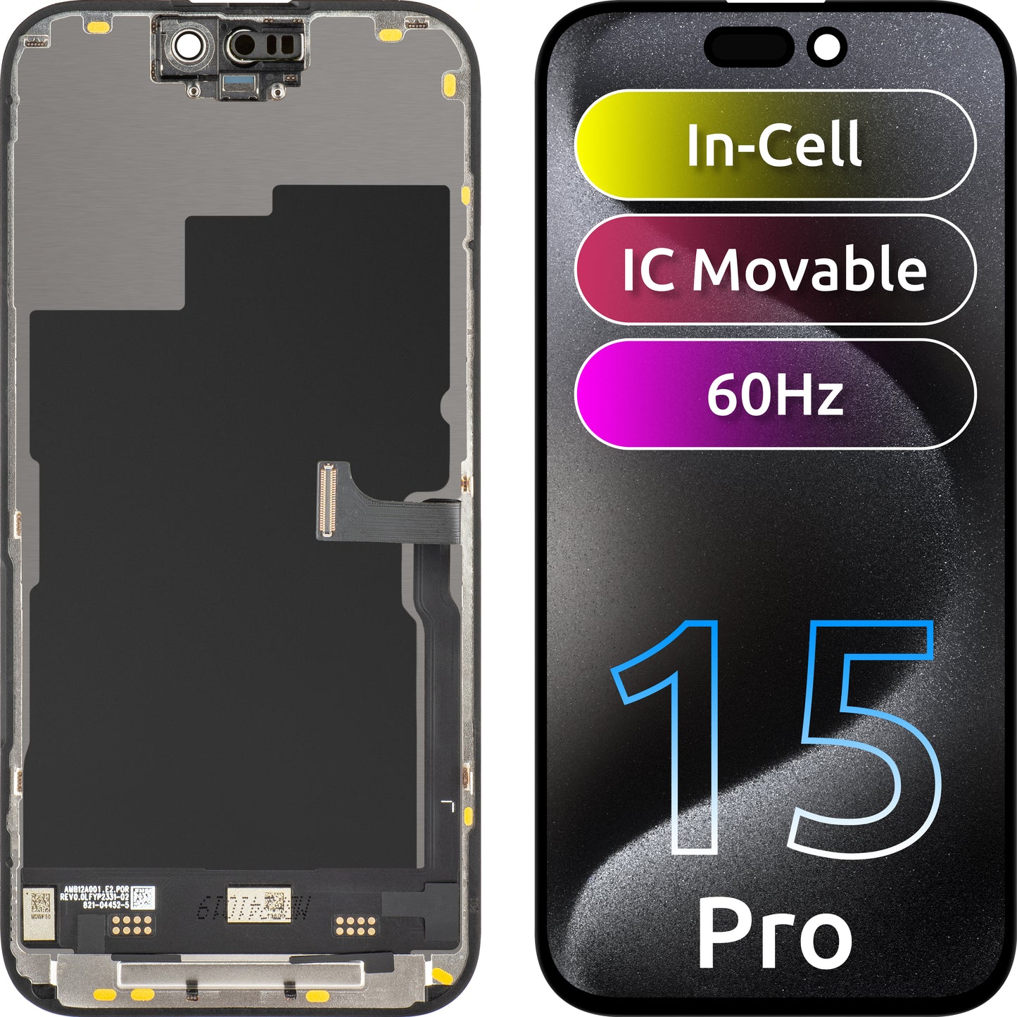 JK érintőképernyős kijelző Apple iPhone 15 Pro-hoz, kerettel, mozgatható IC-s In-Cell LCD verzió, fekete