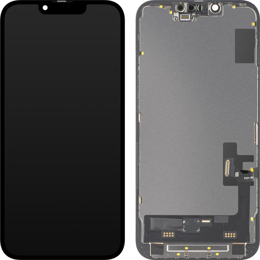 MP érintőképernyős kijelző kompatibilis az Apple iPhone 14-gyel, kerettel, mozgatható IC-vel ellátott Soft OLED FHD változat, Fekete
