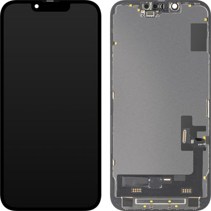 MP érintőképernyős kijelző kompatibilis az Apple iPhone 14-gyel, kerettel, mozgatható IC-vel ellátott Soft OLED FHD változat, Fekete