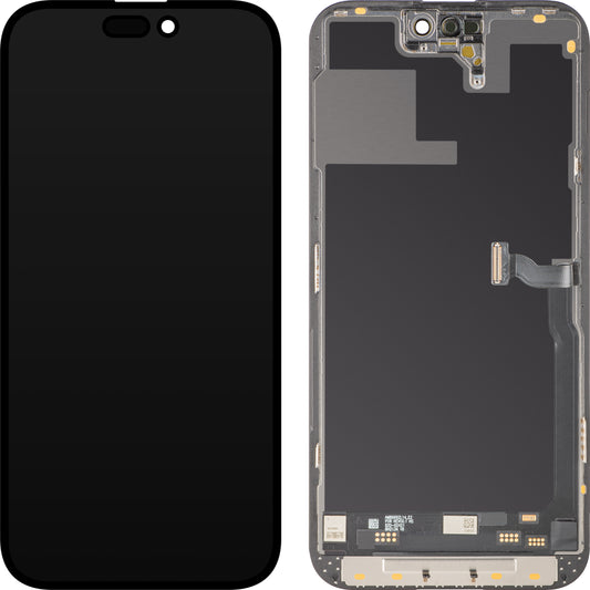 MP érintőképernyős kijelző kompatibilis az Apple iPhone 14 Pro Max-szal, kerettel, Mozgatható IC Soft OLED 120Hz FHD verzió, Fekete