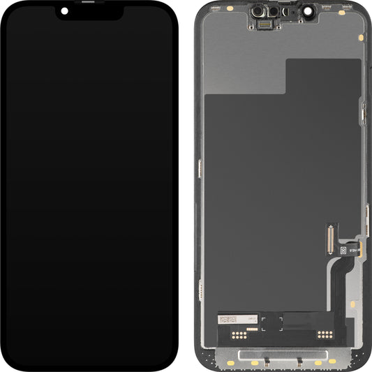 MP érintőképernyős kijelző kompatibilis az Apple iPhone 13-mal, kerettel, mozgatható IC-vel ellátott Soft OLED FHD változat, Fekete